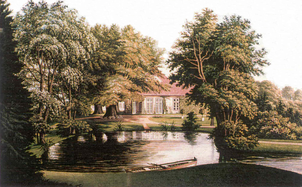 Blick über den Teich zum Haus, um 1850, v. Gall